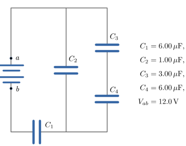 C3
С) 3 6.00 р/F,
C2
C2 =
1.00 µF,
%3D
a
Сз 3 3.00 рF,
C4
C4 = 6.00 µF,
Vab =
= 12.0 V
C1
