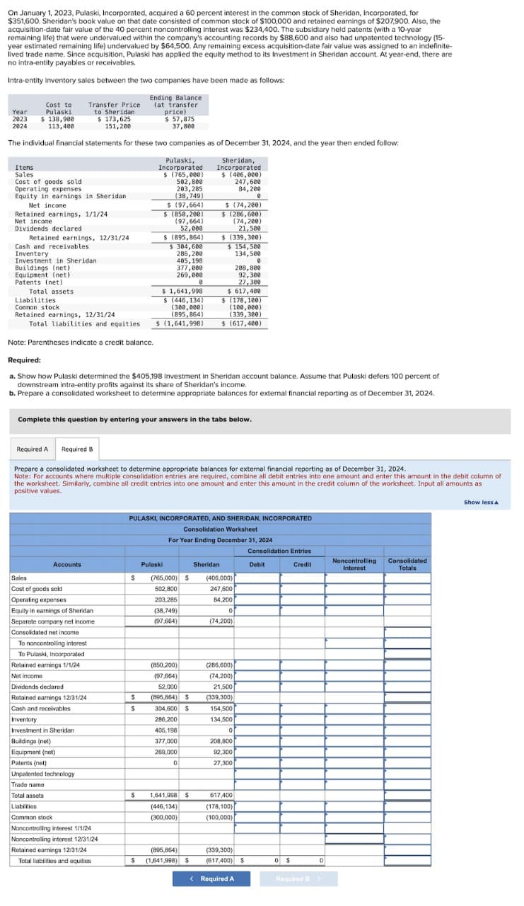 On January 1, 2023, Pulaski, Incorporated, acquired a 60 percent interest in the common stock of Sheridan, Incorporated, for
$351,600. Sheridan's book value on that date consisted of common stock of $100,000 and retained earnings of $207,900. Also, the
acquisition-date fair value of the 40 percent noncontrolling interest was $234,400. The subsidiary held patents (with a 10-year
remaining life) that were undervalued within the company's accounting records by $88,600 and also had unpatented technology (15-
year estimated remaining life) undervalued by $64,500. Any remaining excess acquisition-date fair value was assigned to an indefinite-
lived trade name. Since acquisition, Pulaski has applied the equity method to its Investment in Sheridan account. At year-end, there are
no intra-entity payables or receivables.
Intra-entity inventory sales between the two companies have been made as follows:
Year
2023
2024
Cost to
Pulaski
Transfer Price
to Sheridan
Ending Balance
(at transfer
price)
$ 138,900
$ 173,625
113,400
151,200
$ 57,875
37,800
The individual financial statements for these two companies as of December 31, 2024, and the year then ended follow:
Itens
Sales
Cost of goods sold
Operating expenses
Equity in earnings in Sheridan
Net income
Retained earnings, 1/1/24
Net income
Dividends declared
Retained earnings, 12/31/24
Cash and receivables
Inventory
Investment in Sheridan
Buildings (net)
Liabilities
Pulaski,
Incorporated.
$ (765,000)
502,800
203,285
(38,749)
$ (97,664)
$ (858,200)
(97,664)
52,000
$ (895,864)
$ 304,600
286,200
405,198
377,000
269,000
8
$ 1,641,998
$ (446,134)
(300,000)
(895,864)
$ (1,641,998)
Sheridan,
Incorporated
$ (406,000)
247,600
84,200
0
$ (74,200)
$ (286,600)
(74,200)
21,500
$ (339,300)
$ 154,500
134,500
0
288,800
92,300
27,300
$ 617,400
$ (178,100)
(100,000)
(339,300)
$ (617,400)
Equipment (net)
Patents (net)
Total assets
Common stock
Retained earnings, 12/31/24
Total liabilities and equities
Note: Parentheses indicate a credit balance.
Required:
a. Show how Pulaski determined the $405,198 Investment in Sheridan account balance. Assume that Pulaski defers 100 percent of
downstream intra-entity profits against its share of Sheridan's income.
b. Prepare a consolidated worksheet to determine appropriate balances for external financial reporting as of December 31, 2024.
Complete this question by entering your answers in the tabs below.
Required A Required B
Prepare a consolidated worksheet to determine appropriate balances for external financial reporting as of December 31, 2024.
Note: For accounts where multiple consolidation entries are required, combine all debit entries into one amount and enter this amount in the debit column of
the worksheet. Similarly, combine all credit entries into one amount and enter this amount in the credit column of the worksheet. Input all amounts as
positive values.
PULASKI, INCORPORATED, AND SHERIDAN, INCORPORATED
Consolidation Worksheet
For Year Ending December 31, 2024
Consolidation Entries
Accounts
Pulaski
Sheridan
Debit
Credit
Noncontrolling
Interest
Consolidated
Totals
Sales
Cost of goods sold
$
(765,000) $
502,800
(406,000)
247,600
Operating expenses
203,285
84,200
Equity in earnings of Sheridan
(38,749)
0
Separate company net income
(97,664)
(74,200)
Consolidated net income
To noncontrolling interest
To Pulaski, Incorporated
Retained earnings 1/1/24
Net income
Dividends declared
Retained earnings 12/31/24
Cash and receivables
Inventory
Investment in Sheridan
Buildings (net)
(850,200)
(97,664)
52,000
(286,600)
(74,200)
21,500
$ (895,864) $
(339,300)
$
304,600 $
154,500
286,200
134,500
405,198
377,000
208,800
269,000
92,300
0
27,300
Equipment (net)
Patents (net)
Unpatented technology
Trade name
Total assets
Liabilities
Common stock
$ 1,641,998 $
(446,134)
(300,000)
617,400
(178,100)
(100,000)
Noncontrolling interest 1/1/24
Noncontrolling interest 12/31/24
Retained earnings 12/31/24
Total liabilities and equities
(895,864)
$ (1,641,998) $
(339,300)
(617,400) $
0 $
0
< Required A
Required B >
Show less A