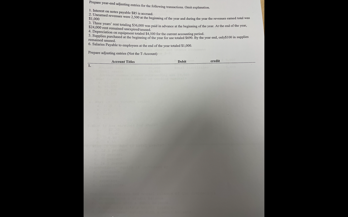 Prepare year-end adjusting entries for the following transactions. Omit explanation.
1. Interest on notes payable $85 is accrued.
2. Ohearned revenues were 2,500 at the beginning of the vear and during the year the revenues earned total was
$1,000
0 ce years' rent totaling $36,000 was paid in advance at the beginning of the year. At the end of the year,
$24,000 rent remained unexpired/unused.
4. Depreciation on equipment totaled $4,500 for the current accounting period.
3. Supplies purchased at the beginning of the year for use totaled $690. By the year end, only$100 in supplies
remained unused.
6. Salaries Payable to employees at the end of the year totaled $1,000.
Prepare adjusting entries (Not the T-Account)
Debit
credit 0
Account Titles
1.
earnings
