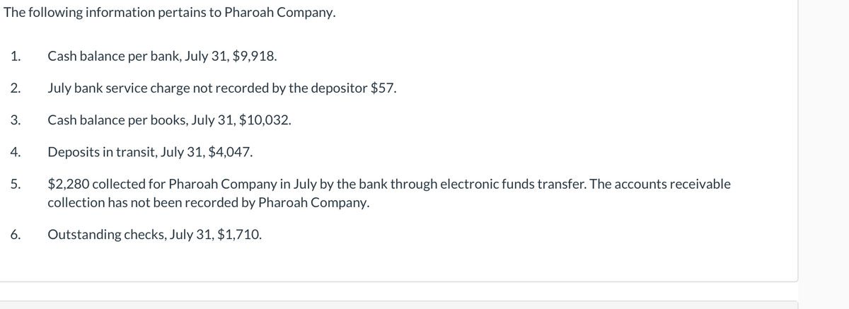 The following information pertains to Pharoah Company.
1.
Cash balance per bank, July 31, $9,918.
2.
July bank service charge not recorded by the depositor $57.
3.
Cash balance per books, July 31, $10,032.
4.
Deposits in transit, July 31, $4,047.
$2,280 collected for Pharoah Company in July by the bank through electronic funds transfer. The accounts receivable
collection has not been recorded by Pharoah Company.
5.
6.
Outstanding checks, July 31, $1,710.
