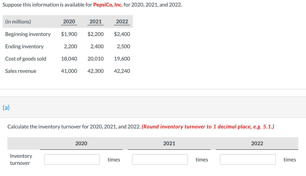 Suppose this information is available for PepsiCo, Inc. for 2020, 2021, and 2022.
(in millions)
2020
2021
2022
Beginning inventory
$1,900
$2,200
$2,400
Ending inventory
2,200
2,400
2,500
Cost of goods sold
18,040
20,010
19,600
Sales revenue
41,000
42,300
42,240
(a)
Calculate the inventory turnover for 2020, 2021, and 2022. (Round inventory turnover to 1 decimal place, e.g. 5.1.)
2020
2021
2022
Inventory
times
times
times
turnover
