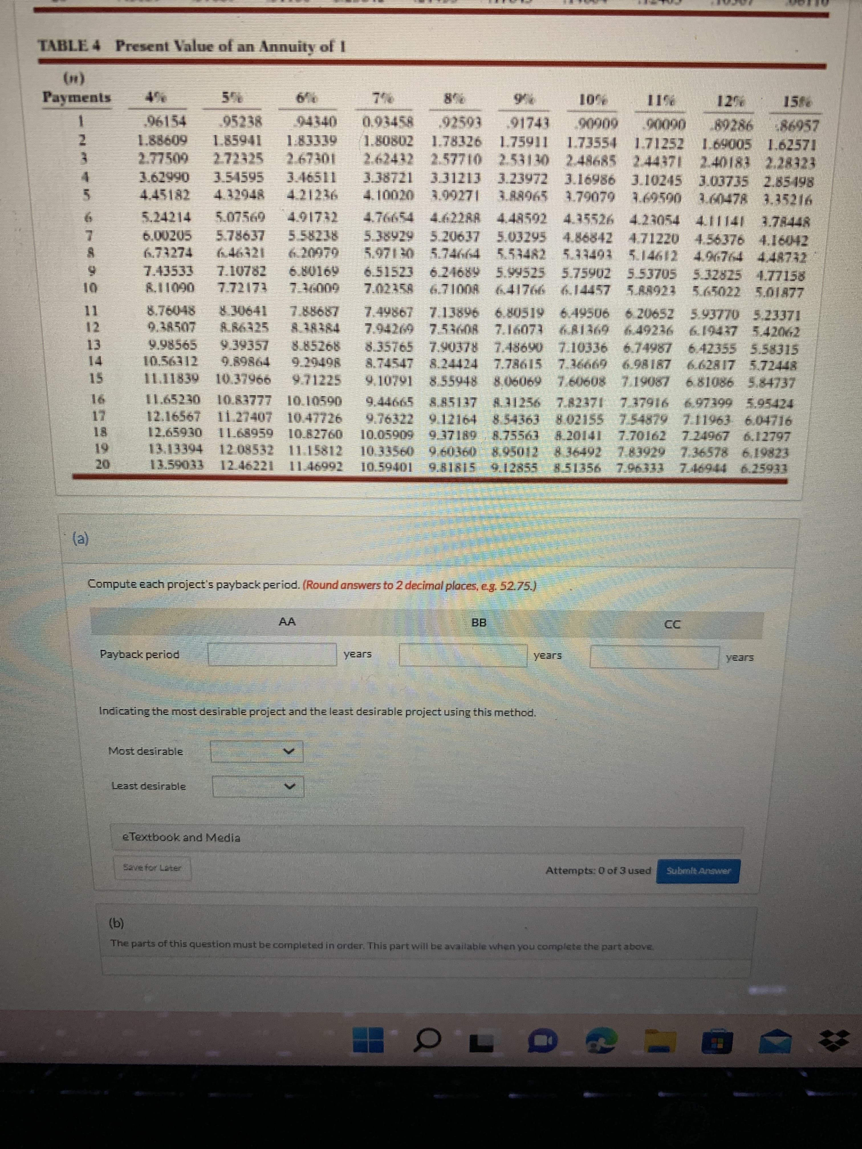 TABLE 4 Present Value of an Annuity of I
(1)
Payments
15
91743
60006
173554 171252 169005
92593
06006
1.62571
2.48685 244371 2.40183 2.28323
3.38721 3.31213 3.23972 3.16986 3.10245 3.03735 2.85498
4.10020 3.99271 3.88965 3.79079 3.69590 3.60478 3.35216
5.24214 5.07569 491732 4.76654 4.62288 4.48592 4.35526 4.23054 4.11141 3.78448
5.58238 5.38929 5.20637 5.03295 4.86842 4.71220 4.56376 4.16042
5.14612 4.96764 4.48732
6.51523 6.24689 5.99525 5.75902 553705 532825 4.77158
5.88923 565022 5.01A77
2.
6098
262432 2.57710 253130
066
4.45182 4.32948
3.AA965
5.
6.
6.73274
646321
6.20979 5.071 30 5.74664 553482 5.33403
7.72173 7.3009 7.02458 6.71008 6.41766 6.14457
A.R6325 A38384
9.39357 8.85268
9.89864
7.49867 7.13896 6.80519 6.49506 6.20652 5.93770 5.23371
7.94269 7.5608 7.16073 6A1369 6 49226 6.19437 542062
8.35765 7.900378 7.48690 7.10336 674987 6.42355 558315
8.74547 8.24424 7.78615 7.36669 6.98187 662817 5.7244R
98019 06
7.60608 7.19087 6.81086 5.84737
9.38507
12
13.
14
10.56312
1.
11.65230 10 83777 10.10590
12.16567
7.37916 697399 5.95424
854363 8.02155 754879711963 6.04716
10.05909 9.37180 875563 A.20141 7.70162 724967 6,12797
9,44665 8.85137 A31256 7.82371
9.76322 9.12164
I1.68959 10.82760
13.13394
13.59033 12.46221
10.59401 9.81815 912855 851356 7.96333 7.6944 6.25931
26691 11
20.
(a)
Compute each project's payback period. (Round answers to 2 decirmal places, eg. 52.75.)
AA
BB
Dつ
Payback period
years
years
Indicating the most desirable project and the least desirable project using this method.
Most desirable
Least desirable
e Textbook and Media
Attempts: 0 of 3 used
Submit Answer
(b)
The parts of this question must be completed in order. This part will be available when you complete the part above.
