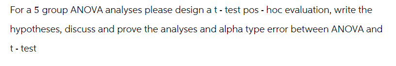 For a 5 group ANOVA analyses please design a t-test pos - hoc evaluation, write the
hypotheses, discuss and prove the analyses and alpha type error between ANOVA and
t-test