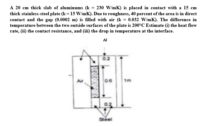 A 20 cm thick slab of aluminums (k = 230 W/mK) is placed in contact with a 15 cm
thick stainless-steel plate (k= 15 W/mK). Due to roughness, 40 percent of the area is in direct
contact and the gap (0.0002 m) is filled with air (k = 0.032 W/mK). The difference in
temperature between the two outside surfaces of the plate is 200°C Estimate (i) the heat flow
rate, (ii) the contact resistance, and (iii) the drop in temperature at the interface.
Al
Air
06
03
Steel
