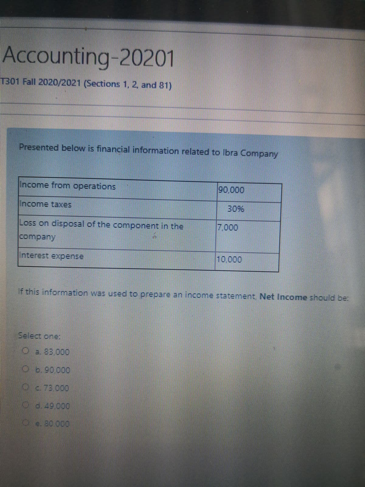 Accounting-20201
1301 Fall 2020/2021 (Sections 1, 2, and 81)
Presented below is financial information related to Ibra Company
lincome from operations
90,000
Income taxes
30%
Loss on disposal of the component in the
7,000
sompany
10,000
if this information was used to prepare an income statement Net Income should be:
Select one
Oa 83 000
Ob.90000
73.000
Oia.49.000
Oe20 000
