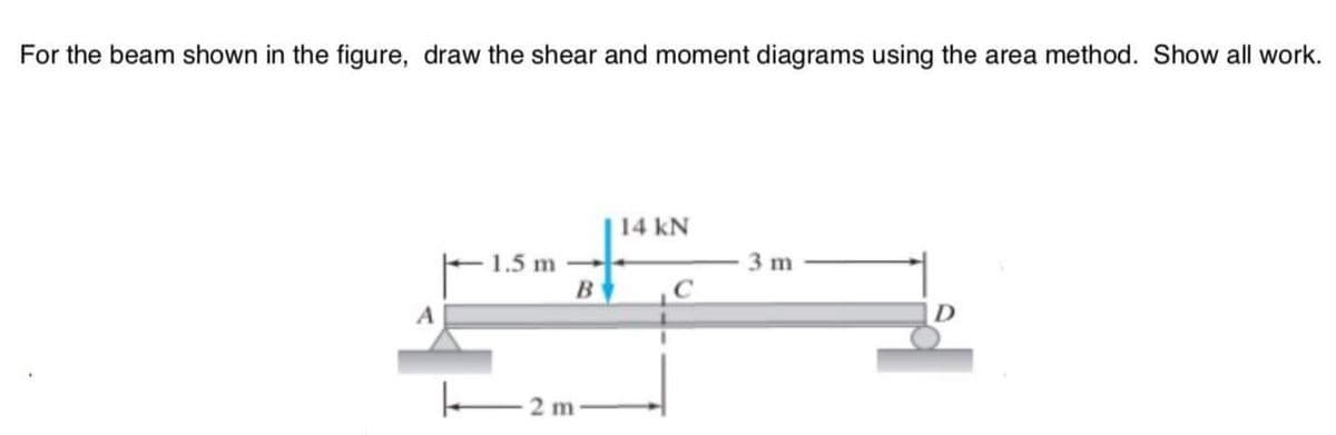 For the beam shown in the figure, draw the shear and moment diagrams using the area method. Show all work.
14 kN
1.5 m
3 m
A
2 m
