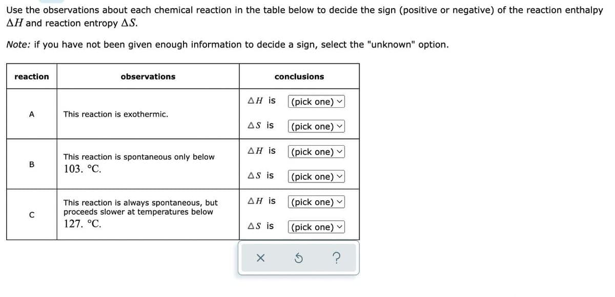 Use the observations about each chemical reaction in the table below to decide the sign (positive or negative) of the reaction enthalpy
AH and reaction entropy AS.
Note: if you have not been given enough information to decide a sign, select the "unknown" option.
reaction
observations
conclusions
ΔΗ is
|(pick one) v
A
This reaction is exothermic.
AS is
(pick one) v
AH is
|(pick one) v
This reaction is spontaneous only below
B
103. °C.
AS is
(pick one) v
ΔΗ is
(pick one) v
This reaction is always spontaneous, but
proceeds slower at temperatures below
127. °C.
C
AS is
(pick one)
