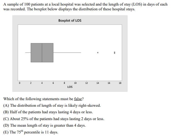 A sample of 100 patients at a local hospital was selected and the length of stay (LOS) in days of each
was recorded. The boxplot below displays the distribution of these hospital stays.
Boxplot of LOS
8
10
12
14.
16
18
LOS
Which of the following statements must be false?
(A) The distribution of length of stay is likely right-skewed.
(B) Half of the patients had stays lasting 4 days or less.
(C) About 25% of the patients had stays lasting 2 days or less.
(D) The mean length of stay is greater than 4 days.
(E) The 75th percentile is 11 days.