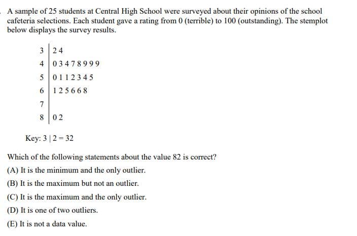 A sample of 25 students at Central High School were surveyed about their opinions of the school
cafeteria selections. Each student gave a rating from 0 (terrible) to 100 (outstanding). The stemplot
below displays the survey results.
3 24
4 03478999
5 0112345
6 125668
7
8 02
Key: 3|2 = 32
Which of the following statements about the value 82 is correct?
(A) It is the minimum and the only outlier.
(B) It is the maximum but not an outlier.
(C) It is the maximum and the only outlier.
(D) It is one of two outliers.
(E) It is not a data value.