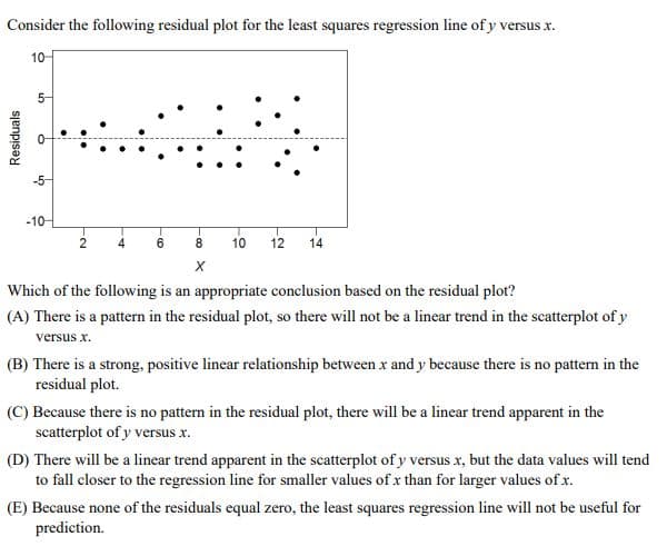 Consider the following residual plot for the least squares regression line of y versus x.
10-
5-
-5-
-10
4
6
8
10
12
14
X
Which of the following is an appropriate conclusion based on the residual plot?
(A) There is a pattern in the residual plot, so there will not be a linear trend in the scatterplot of y
versus .x.
(B) There is a strong, positive linear relationship between x and y because there is no pattern in the
residual plot.
(C) Because there is no pattern in the residual plot, there will be a linear trend apparent in the
scatterplot of y versus x.
(D) There will be a linear trend apparent in the scatterplot of y versus x, but the data values will tend
to fall closer to the regression line for smaller values of x than for larger values of x.
(E) Because none of the residuals equal zero, the least squares regression line will not be useful for
prediction.