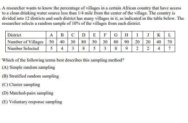 A researcher wants to know the percentage of villages in a certain African country that have access
to a clean drinking water source less than 1/4 mile from the center of the village. The country is
divided into 12 districts and each district has many villages in it, as indicated in the table below. The
researcher selects a random sample of 10% of the villages from each district.
District
Number of Villages
Number Selected
ABCDEFGHIJKL
50 40 30 80 50 30 80 90 20 20 40 70
5 4 3 8 5 3 8 9 2 2 4 7
Which of the following terms best describes this sampling method?
(A) Simple random sampling
(B) Stratified random sampling
(C) Cluster sampling
(D) Matched-pairs sampling
(E) Voluntary response sampling