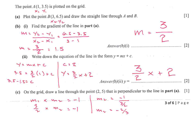 The point A(1, 3.5) is plotted on the grid.
(a) Plot the point B (3, 6.5) and draw the straight line through A and B.
×272
(b) (i) Find the gradient of the line in part (a).
M = ½-½
x2-x
3
m =
6.5-3.5
3 - 1
दे
= 1.5
M =
Answer(b)(i)
(ii) Write down the equation of the line in the form y = mx + c.
y=mx+c
C = 2
3.5=2/(1)+cy=
3.5-1.5= c
Answer(b)(ii) y =
M/N
3×+ 2
E
[1]
[2]
123
[2]
(c) On the grid, draw a line through the point (2, 5) that is perpendicular to the line in part (a). [1]
mi x m2
=
-
-1
을
x mx
=-1
3
m2 =
-
3/2
-2/3
3 of 6 Page