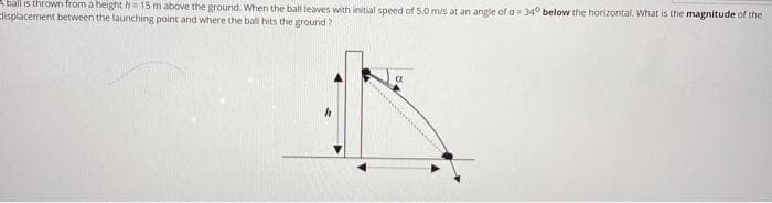 A ball is thrown from a height h = 15 m above the ground. When the ball leaves with initial speed of 5.0 m/s at an angle of a= 34° below the horizontal. What is the magnitude of the
dlisplacement between the launching point and where the ball hits the ground ?
