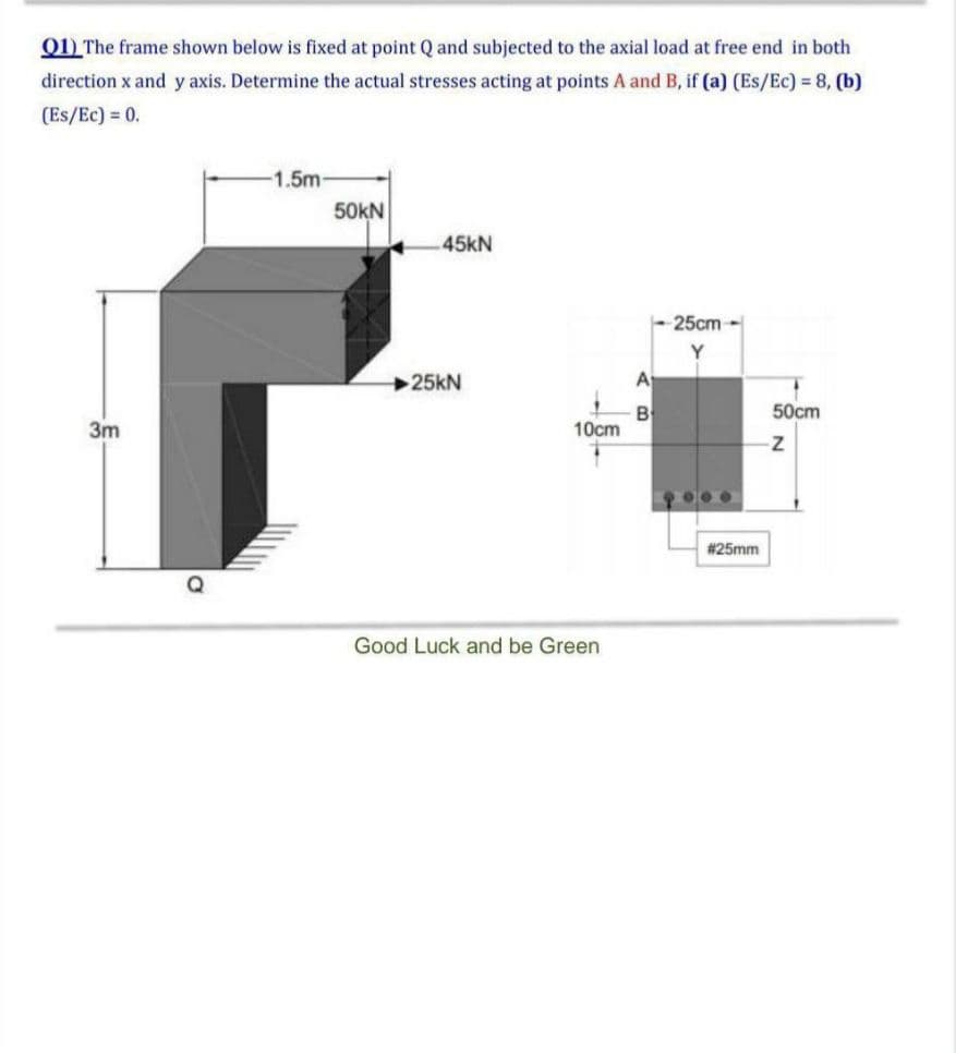 01) The frame shown below is fixed at point Q and subjected to the axial load at free end in both
direction x and y axis. Determine the actual stresses acting at points A and B, if (a) (Es/Ec) = 8, (b)
(Es/Ec) = 0.
1.5m
50KN
45kN
- 25cm-
Y
25kN
A
50cm
B
10cm
3m
# 25mm
Good Luck and be Green
