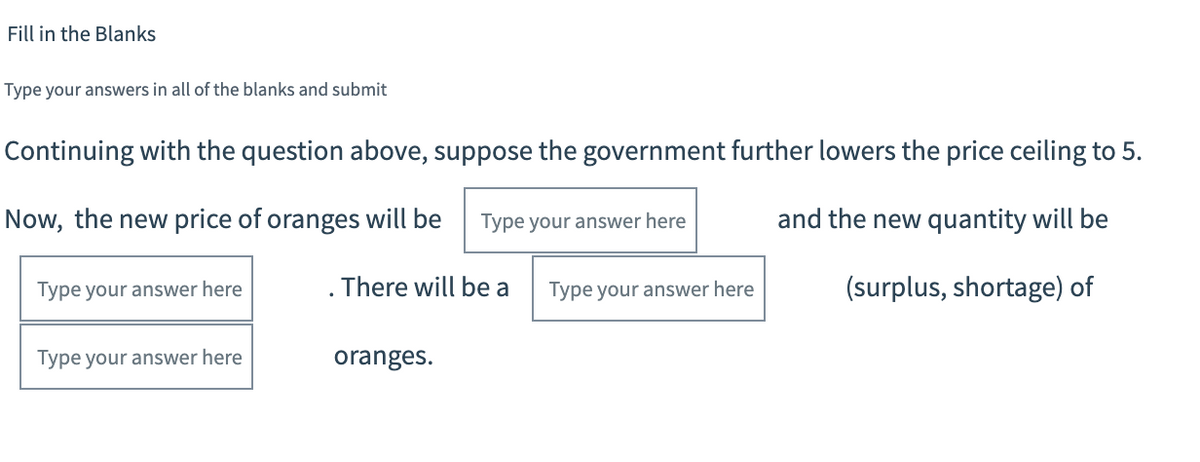 Fill in the Blanks
Type your answers in all of the blanks and submit
Continuing with the question above, suppose the government further lowers the price ceiling to 5.
Now, the new price of oranges will be
Type your answer here
and the new quantity will be
Type your answer here
. There will be a
Type your answer here
(surplus, shortage) of
Type your answer here
oranges.
