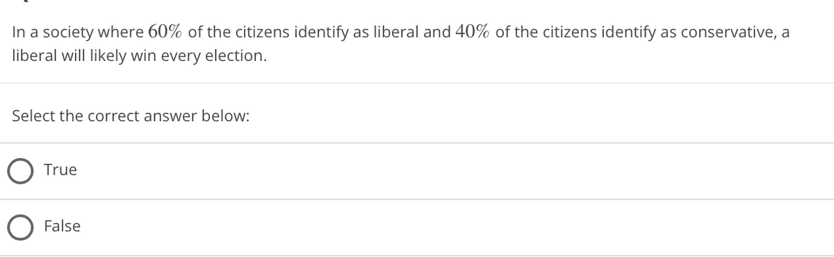 In a society where 60% of the citizens identify as liberal and 40% of the citizens identify as conservative, a
liberal will likely win every election.
Select the correct answer below:
True
O False
