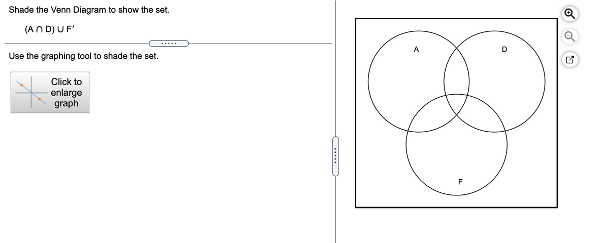 Shade the Venn Diagram to show the set.
(AN D) UF'
.....
A
D
Use the graphing tool to shade the set.
Click to
enlarge
graph
F
