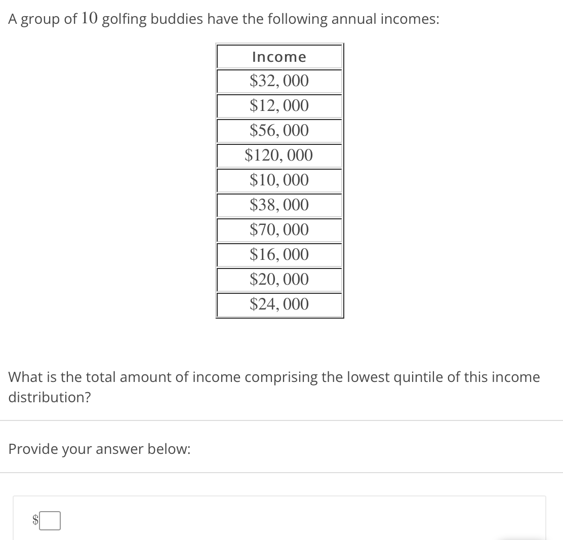 A group of 10 golfing buddies have the following annual incomes:
Income
$32, 000
$12, 000
$56, 000
$120, 000
$10, 000
$38, 000
$70, 000
$16, 000
$20, 000
$24, 000
What is the total amount of income comprising the lowest quintile of this income
distribution?
Provide your answer below:
