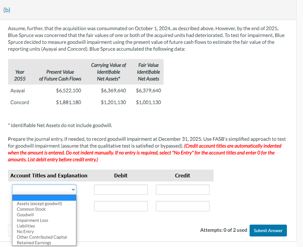 (b)
Assume, further, that the acquisition was consummated on October 1, 2024, as described above. However, by the end of 2025,
Blue Spruce was concerned that the fair values of one or both of the acquired units had deteriorated. To test for impairment, Blue
Spruce decided to measure goodwill impairment using the present value of future cash flows to estimate the fair value of the
reporting units (Ayayai and Concord). Blue Spruce accumulated the following data:
Year
2055
Ayayai
Concord
Present Value
of Future Cash Flows
$6,522,100
$1,881,180
Account Titles and Explanation
Assets (except goodwill)
Common Stock
Goodwill
Impairment Loss
Liabilities
Carrying Value of
Identifiable
Net Assets*
* Identifiable Net Assets do not include goodwill.
Prepare the journal entry, if needed, to record goodwill impairment at December 31, 2025. Use FASB's simplified approach to test
for goodwill impairment (assume that the qualitative test is satisfied or bypassed). (Credit account titles are automatically indented
when the amount is entered. Do not indent manually. If no entry is required, select "No Entry" for the account titles and enter o for the
amounts. List debit entry before credit entry.)
No Entry
Other Contributed Capital
Retained Earnings
$6,369,640
$1,201,130
Fair Value
Identifiable
Net Assets
Debit
$6,379,640
$1,001,130
Credit
Attempts: 0 of 2 used Submit Answer