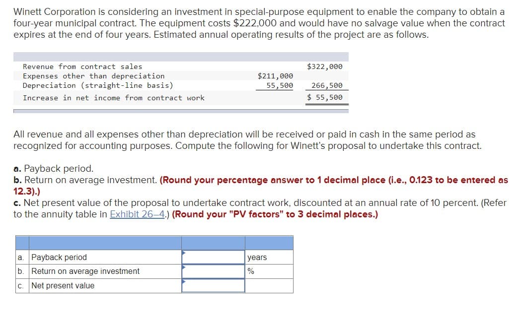 Winett Corporation is considering an investment in special-purpose equipment to enable the company to obtain a
four-year municipal contract. The equipment costs $222,000 and would have no salvage value when the contract
expires at the end of four years. Estimated annual operating results of the project are as follows.
Revenue from contract sales.
Expenses other than depreciation
Depreciation (straight-line basis)
Increase in net income from contract work
$211,000
55,500
All revenue and all expenses other than depreciation will be received or paid in cash in the same period as
recognized for accounting purposes. Compute the following for Winett's proposal to undertake this contract.
a. Payback period
b.
C.
a. Payback period.
b. Return on average investment. (Round your percentage answer to 1 decimal place (i.e., 0.123 to be entered as
12.3).)
c. Net present value of the proposal to undertake contract work, discounted at an annual rate of 10 percent. (Refer
to the annuity table in Exhibit 26-4.) (Round your "PV factors" to 3 decimal places.)
Return on average investment
Net present value
$322,000
266,500
$ 55,500
years
%