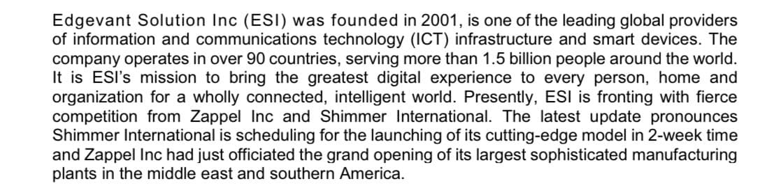 Edgevant Solution Inc (ESI) was founded in 2001, is one of the leading global providers
of information and communications technology (ICT) infrastructure and smart devices. The
company operates in over 90 countries, serving more than 1.5 billion people around the world.
It is ESI's mission to bring the greatest digital experience to every person, home and
organization for a wholly connected, intelligent world. Presently, ESI is fronting with fierce
competition from Zappel Inc and Shimmer International. The latest update pronounces
Shimmer International is scheduling for the launching of its cutting-edge model in 2-week time
and Zappel Inc had just officiated the grand opening of its largest sophisticated manufacturing
plants in the middle east and southern America.
