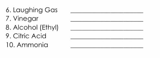 6. Laughing Gas
7. Vinegar
8. Alcohol (Ethyl)
9. Citric Acid
10. Ammonia
