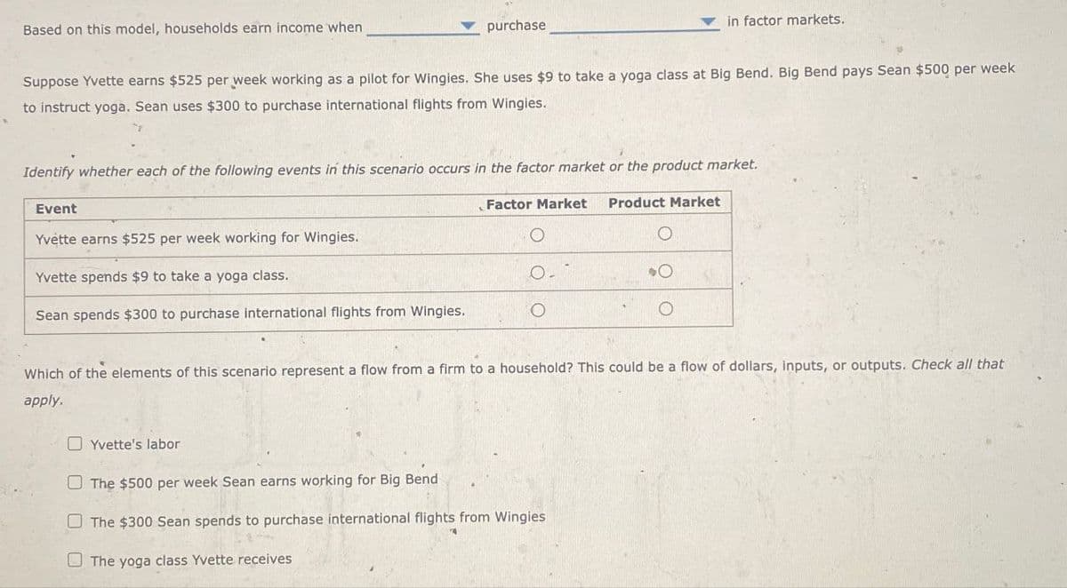 Based on this model, households earn income when
purchase
in factor markets.
Suppose Yvette earns $525 per week working as a pilot for Wingies. She uses $9 to take a yoga class at Big Bend. Big Bend pays Sean $500 per week
to instruct yoga. Sean uses $300 to purchase international flights from Wingies.
Identify whether each of the following events in this scenario occurs in the factor market or the product market.
Event
Yvette earns $525 per week working for Wingies.
Yvette spends $9 to take a yoga class.
Sean spends $300 to purchase international flights from Wingies.
Factor Market Product Market
о
O
Which of the elements of this scenario represent a flow from a firm to a household? This could be a flow of dollars, inputs, or outputs. Check all that
apply.
Yvette's labor
The $500 per week Sean earns working for Big Bend
The $300 Sean spends to purchase international flights from Wingies
The yoga class Yvette receives