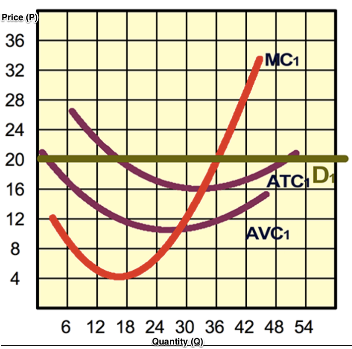 Price (P)
36
32
28
24
20
16
12
8
4
MC1
ATC
D
AVC1
6 12 18 24 30 36 42 48 54
Quantity (Q)