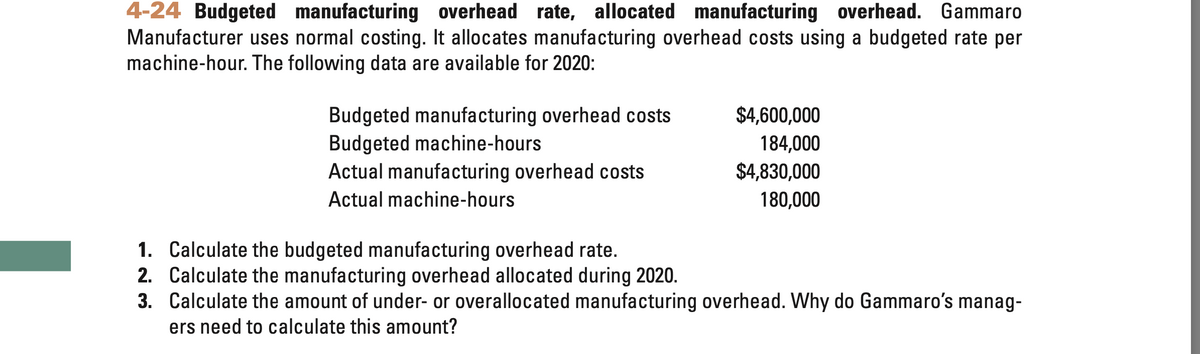 4-24 Budgeted manufacturing overhead rate, allocated manufacturing overhead. Gammaro
Manufacturer uses normal costing. It allocates manufacturing overhead costs using a budgeted rate per
machine-hour. The following data are available for 2020:
Budgeted manufacturing overhead costs
Budgeted machine-hours.
Actual manufacturing overhead costs
Actual machine-hours
$4,600,000
184,000
$4,830,000
180,000
1. Calculate the budgeted manufacturing overhead rate.
2. Calculate the manufacturing overhead allocated during 2020.
3. Calculate the amount of under- or overallocated manufacturing overhead. Why do Gammaro's manag-
ers need to calculate this amount?