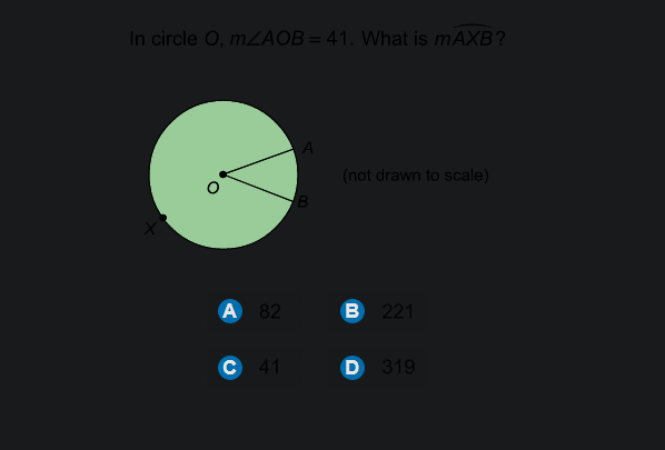 In circle O, MZAOB= 41. What is MAXB?
(not drawn to scale)
A
82
B 221
C 41
D 319
