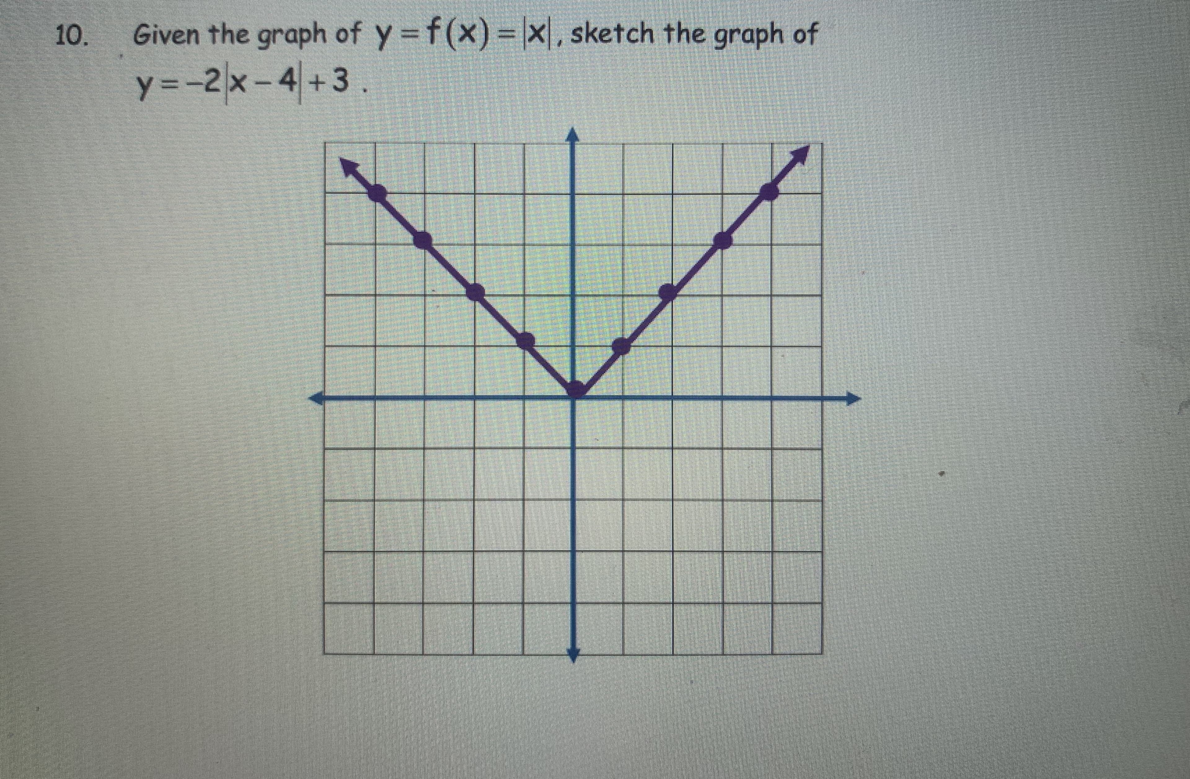 Given the graph of y = f(x) = x, sketch the graph of
y =-2x-4 +3
.
