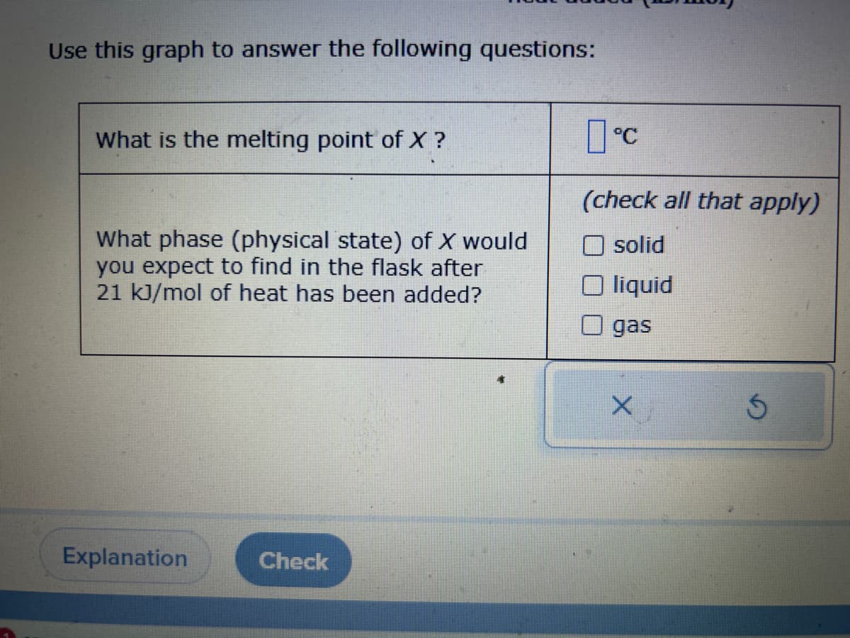 Use this graph to answer the following questions:
What is the melting point of X ?
What phase (physical state) of X would
you expect to find in the flask after
21 kJ/mol of heat has been added?
Explanation
Check
°C
(check all that apply)
solid
liquid
gas
X
D