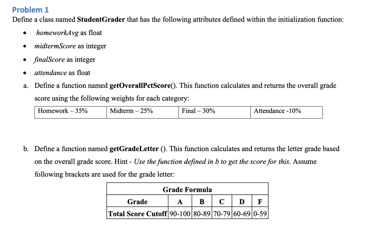 Problem 1
Define a class named StudentGrader that has the following attributes defined within the initialization function:
homeworkAvg as float
midtermScore as integer
• finalScore as integer
● attendance as float
a. Define a function named getOverallPctScore(). This function calculates and returns the overall grade
score using the following weights for each category:
Homework - 35%
Midterm - 25%
Final - 30%
Attendance -10%
b. Define a function named getGradeLetter (). This function calculates and returns the letter grade based
on the overall grade score. Hint - Use the function defined in b to get the score for this. Assume
following brackets are used for the grade letter:
Grade Formula
A
Grade
Ꭰ F
Total Score Cutoff 90-100 80-89 70-79 60-69 0-59