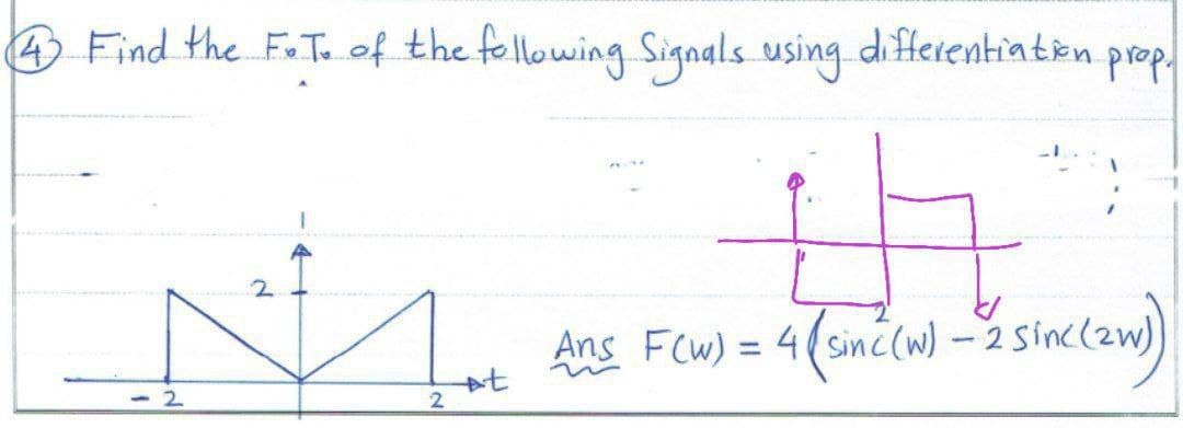 4 To
Find the F.T. of the following Signals using differentiation prop.
-2
2
+t
4 (sinc (w) - 2 Sinc(zw)
Ans F(w) = 4(sinc(w) -