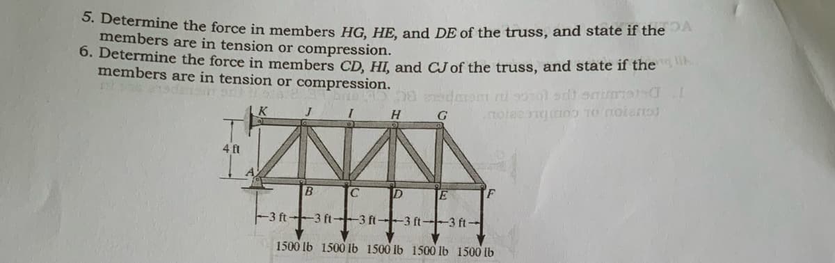 3. Determine the force in members HG HE and DE of the truss, and state if the
members are in tension or compression.
0. Determine the force in members CD. HI. and CJof the truss, and state if the
members are in tension or compression.
G
4 ft
B
JC
F
-3 ft 3 ft-3 ft-3 ft-3 ft
1500 lb 1500 lb 1500 lb 1500 lb 1500 lb
