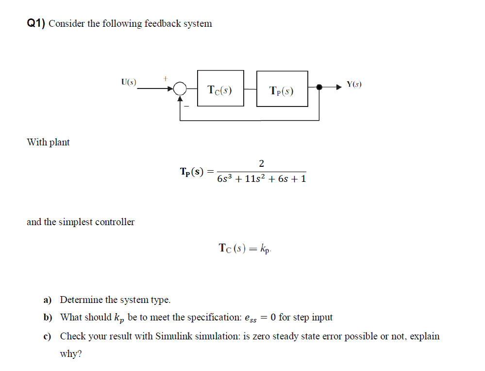 Q1) Consider the following feedback system
U(s)
Y(s)
Tc(s)
TP(s)
With plant
2
Tp(s) =
6s3 + 11s2 + 6s + 1
and the simplest controller
Tc (s)= kp.
a) Determine the system type.
b) What should k, be to meet the specification: ess = 0 for step input
c) Check your result with Simulink simulation: is zero steady state error possible or not, explain
why?
