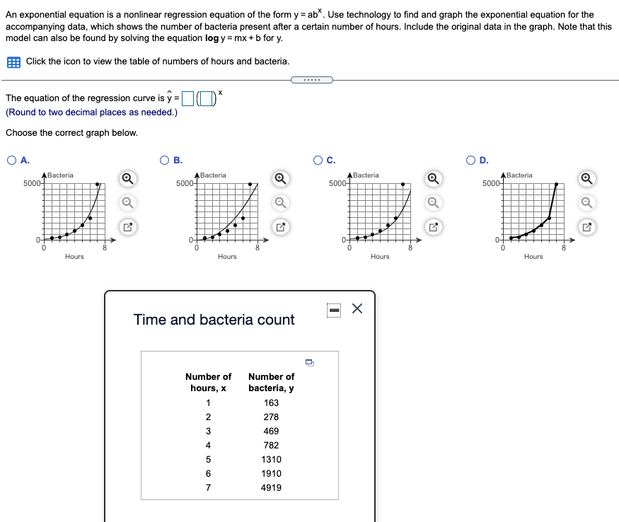 An exponential equation is a nonlinear regression equation of the form y = ab*. Use technology to find and graph the exponential equation for the
accompanying data, which shows the number of bacteria present after a certain number of hours. Include the original data in the graph. Note that this
model can also be found by solving the equation log y = mx + b for y.
Click the icon to view the table of numbers of hours and bacteria.
.....
The equation of the regression curve is y = IO*
(Round to two decimal places as needed.)
Choose the correct graph below.
O A.
В.
Oc.
ABacteria
5000-
ABacteria
5000-
Bacteria
Bacteria
5000-
5000-
0+
Hours
Hours
Hours
Hours
Time and bacteria count
Number of
Number of
hours, x
bacteria, y
1
163
278
3
469
4
782
1310
1910
4919
of
2.
