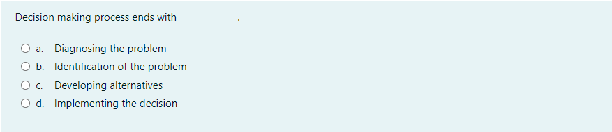 Decision making process ends with_
a. Diagnosing the problem
O b. Identification of the problem
O. Developing alternatives
O d. Implementing the decision
