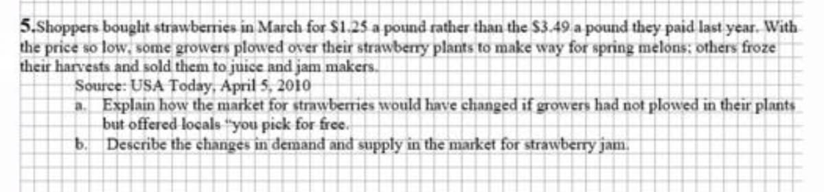 5.Shoppers bought strawberries in March for $1.25 a pound rather than the $3.49 a pound they paid last year. With
the price so low, some growers plowed over their strawberry plants to make way for spring melons: others froze
their harvests and sold them to juice and jam makers.
Source: USA Today, April 5, 2010
a. Explain how the market for strawberries would have changed if growers had not plowed in their plants
but offered locals "you pick for free.
Describe the changes in demand and supply in the market for strawberry jam.
b.
