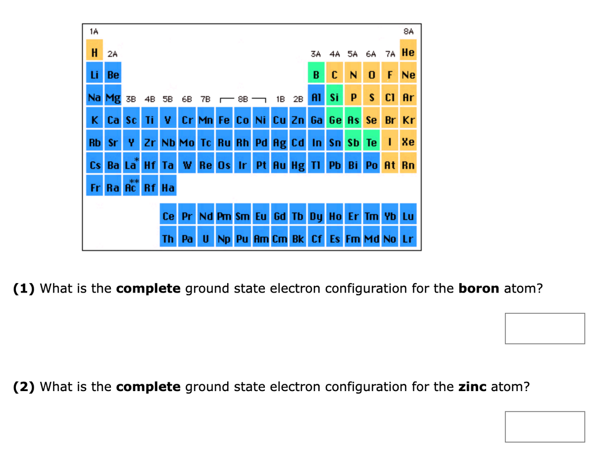 1A
H2A
Li Be
3A 4A 5A 6A 7A He
B C N O F Ne
1B 2B Al Si P S Cl Ar
Ge As Se Br Kr
Na Mg 3B 48 58
687888
K Ca Sc Ti V Cr Mn Fe Co Ni Cu Zn Ga
8A
Rb Sr Y Zr Nb Mo Tc Ru Rh Pd Ag Cd In
Sn Sb Te I Xe
Cs Ba La Hf Ta W Re Os Ir Pt Au Hg Tl Pb Bi Po At Rn
**
Fr Ra Ac Rf Ha
Ce Pr Nd Pm Sm Eu Gd Tb Dy Ho Er Tm Yb Lu
Th Pa U Np Pu Am Cm Bk Cf Es Fm Md No Lr
(1) What is the complete ground state electron configuration for the boron atom?
(2) What is the complete ground state electron configuration for the zinc atom?
