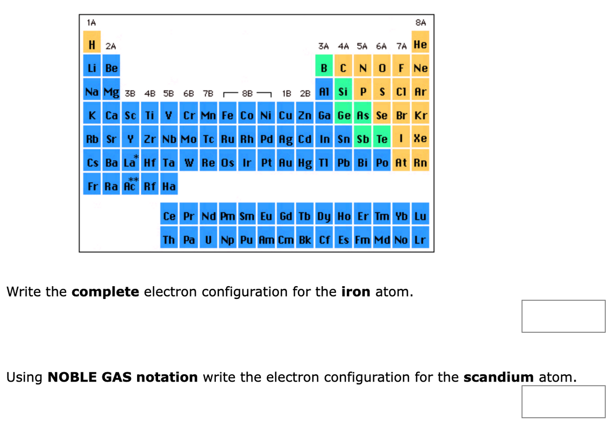 1A
H2A
Li Be
3A 4A 5A 6A 7A He
BCNO
F Ne
Si
P S
Cl Ar
Na Mg 3B 4B 5B 6B 7B
88
K Ca Sc Ti V Cr Mn Fe Co Ni Cu Zn Ga Ge As Se Br Kr
1B 2B Al
***
8A
Sn Sb Te I Xe
Rb Sr Y Zr Nb Mo Tc Ru Rh Pd Ag Cd In
Cs Ba La Hf Ta W Re Os Ir Pt Au Hg Tl Pb Bi Po At Rn
Fr Ra Ac Rf Ha
Ce Pr Nd Pm Sm Eu Gd Tb Dy Ho Er Tm Yb Lu
Th Pa U Np Pu Am Cm Bk Cf Es Fm Md No Lr
Write the complete electron configuration for the iron atom.
Using NOBLE GAS notation write the electron configuration for the scandium atom.