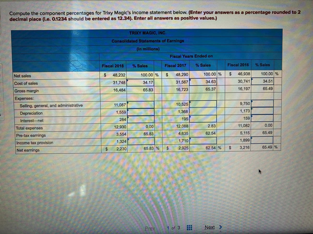 Compute the component percentages for Trixy Magic's income statement below. (Enter your answers as a percentage rounded to 2
decimal place (l.e. 0.1234 should be entered as 12.34). Enter all answers as positive values.)
TRIXY MAGIC, INC.
Consolidated Statements of Earnings
(In millions)
Fiscal Years Ended on
Fiscal 2018
% Sales
Fiscal 2017
% Sales
Fiscal 2016
% Sales
Net sales
48,232
100.00 %
$.
48,290
100.00 %
46,938
100.00 %
Cost of sales
31,748
34.17
31,567
34.63
30,741
34.51
Gross margin
16,484
65.83
16,723
65.37
16,197
65.49
Expenses:
Selling, general, and administrative
11,087
10,525
9,750
Depreciation
1,559
1,368
1,173
Interest-net
284
195
159
12,930
0.00
12,088
2.83
11,082
0.00
Total expenses
Pre-tax earnings
3,554
65.83
4,635
62.54
5,115
65.49
1,324
1,710
1,899
Income tax provision
S.
2,230
65.83 %
2,925
62.54 %
3,216
65.49 %
Net earnings
Prev
1 of 3
Next
%24
%24
%24
%24
