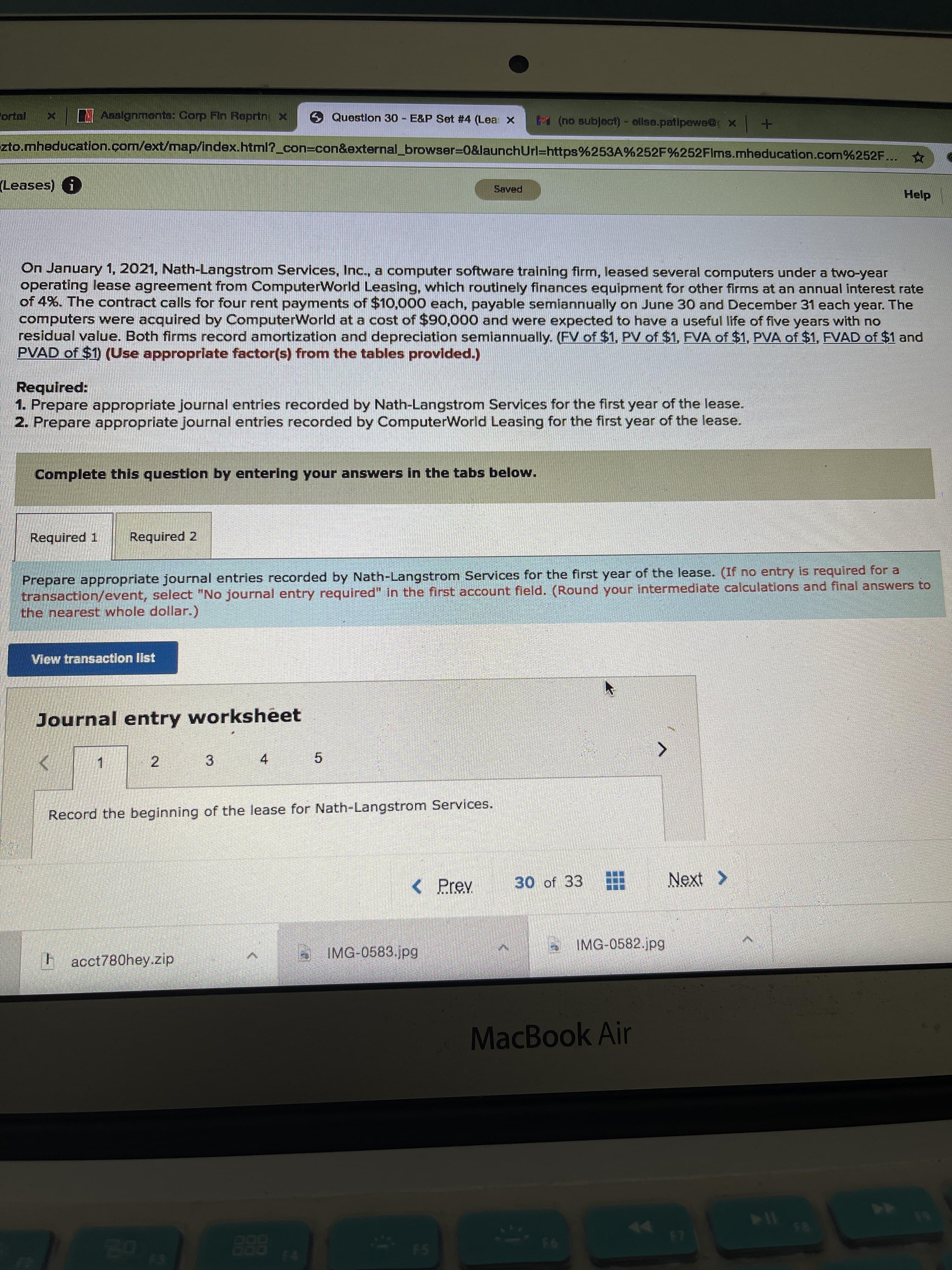 On January 1, 2021, Nath-Langstrom Services, Inc., a computer software training firm, leased several computers under a two-ye
operating lease agreement from ComputerWorld Leasing, which routinely finances equipment for other firms at an annual inte
of 4%. The contract calls for four rent payments of $10,000 each, payable semiannually on June 30 and December 31 each ye
computers were acquired by ComputerWorld at a cost of $90,000 and were expected to have a useful life of five years with n
residual value. Both firms record amortization and depreciation semiannually. (FV of $1, PV of $1, FVA of $1, PVA of $1, FVAD o
PVAD of $1) (Use approprlate factor(s) from the tables provided.)
