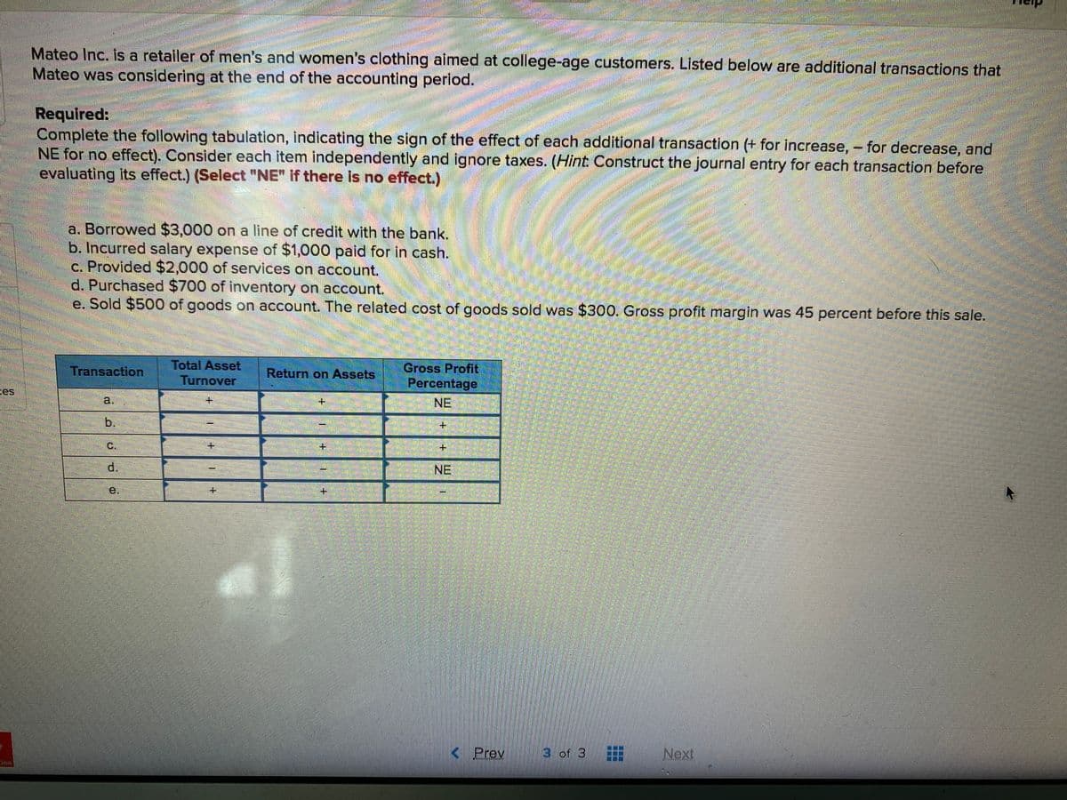 Mateo Inc. is a retailer of men's and women's clothing aimed at college-age customers. Listed below are additional transactions that
Mateo was considering at the end of the accounting perlod.
Required:
Complete the following tabulation, indicating the sign of the effect of each additional transaction (+ for increase, - for decrease, and
NE for no effect). Consider each item independently and ignore taxes. (Hint Construct the journal entry for each transaction before
evaluating its effect.) (Select "NE" If there is no effect.)
a. Borrowed $3,000 on a line of credit with the bank.
b. Incurred salary expense of $1,000 paid for in cash.
c. Provided $2,000 of services on account.
d. Purchased $700 of inventory on account.
e. Sold $500 of goods on account. The related cost of goods sold was $300. Gross profit margin was 45 percent before this sale.
Total Asset
Turnover
Gross Profit
Percentage
Transaction
Return on Assets
Cs
a.
NE
b.
C.
d.
NE
e.
<Prev
3 of 3
Next
+1
