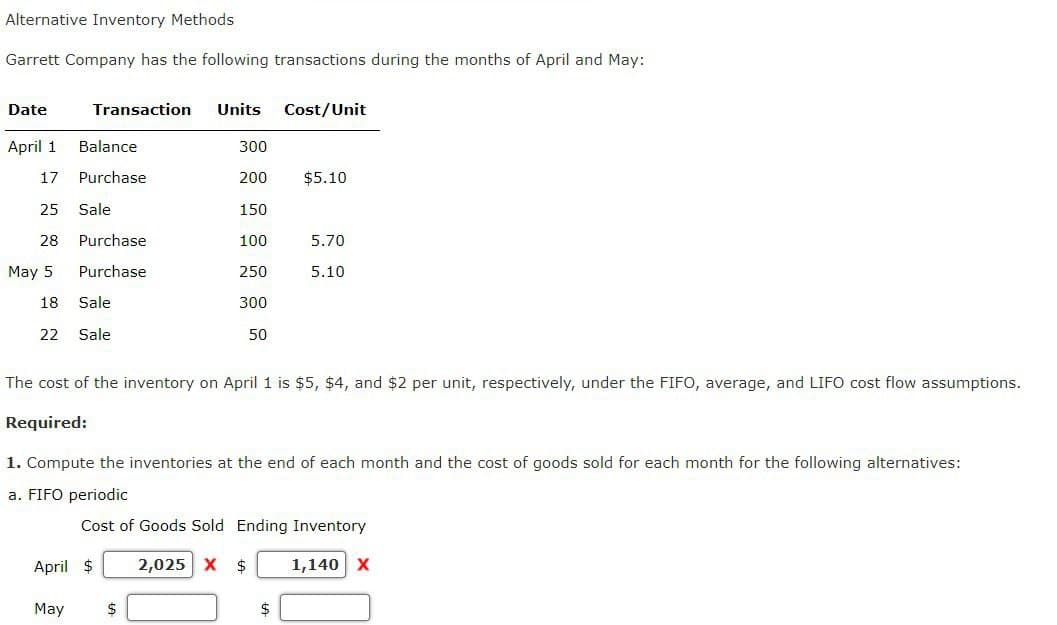 Alternative Inventory Methods
Garrett Company has the following transactions during the months of April and May:
Date
Transaction
Units
Cost/Unit
April 1
Balance
300
17
Purchase
200
$5.10
25 Sale
150
28
Purchase
100
5.70
May 5
Purchase
250
5.10
18 Sale
22 Sale
300
50
The cost of the inventory on April 1 is $5, $4, and $2 per unit, respectively, under the FIFO, average, and LIFO cost flow assumptions.
Required:
1. Compute the inventories at the end of each month and the cost of goods sold for each month for the following alternatives:
a. FIFO periodic
Cost of Goods Sold Ending Inventory
April $
2,025 X $
1,140 X
May
$