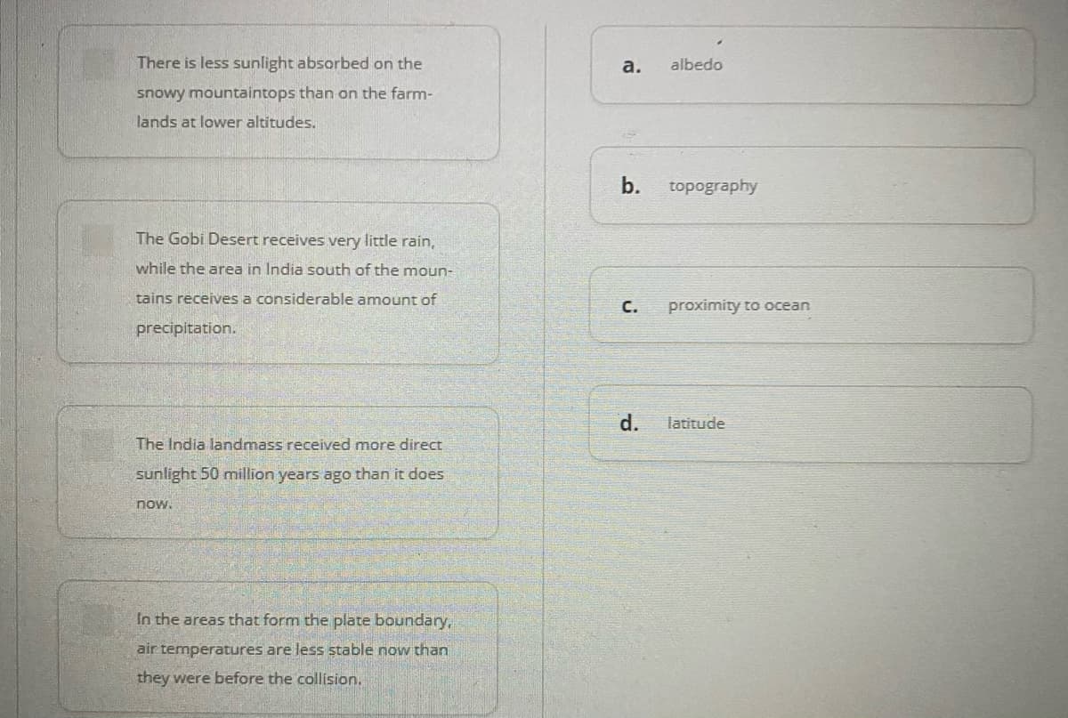 There is less sunlight absorbed on the
a.
albedo
snowy mountaintops than on the farm-
lands at lower altitudes.
b.
topography
The Gobi Desert receives very little rain,
while the area in India south of the moun-
tains receives a considerable amount of
C.
proximity to ocean
precipitation.
latitude
The India landmass received more direct
sunlight 50 million years ago than it does
now.
In the areas that form the plate boundary,
air temperatures are less stable now than
they were before the collision.
d.
