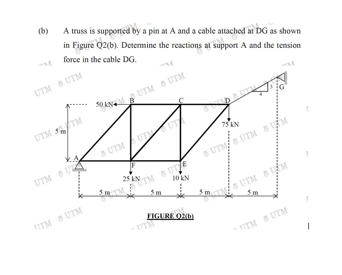 by a pin at A and a cable attached at DG as shown
(b)
A truss is supported
in Figure Q2(b). Determine the reactions at support A and the tension
force in the cable DG.
UTM UTM
UTM 5 UTM
50 kNM B
UTM STM
SUTND UTM
75 kN
5 UTM UTM UT
UTM U
3 UTM & UTM 3 UM
25 kN
5 m
10 kN
duTM UTM 5 UM
5 m
TM UTM 5 UTE
5 m
5 m
TUTM E UTM
FIGURE Q2(b)
- UTM
UTM & UTM
|
