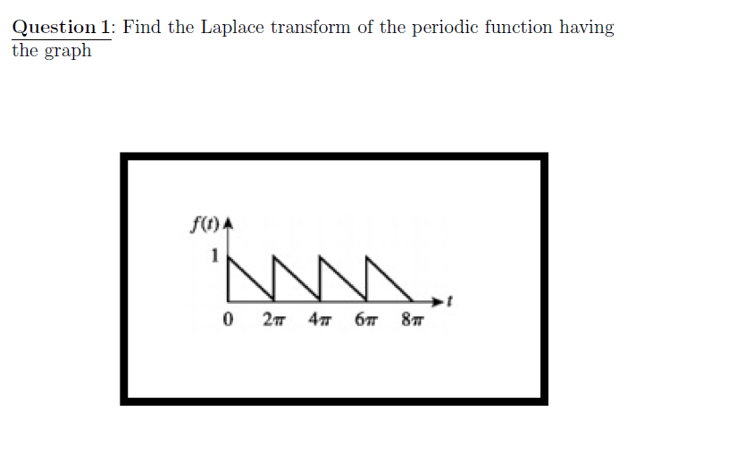 Question 1: Find the Laplace transform of the periodic function having
the graph
f(1)A
1
27
47 6 8
