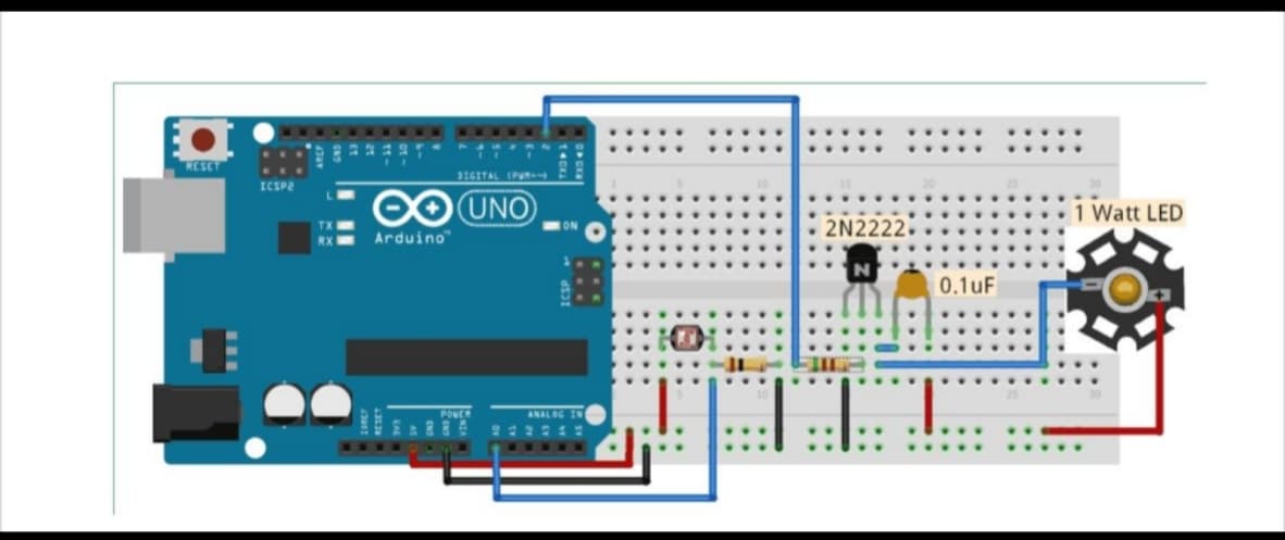 RESET
DIGITAL (PUn
ICSPE
OO UNO
Watt LED
2N2222
1ON
Arduino"
0.1uF
PONER
ANALOG IN
