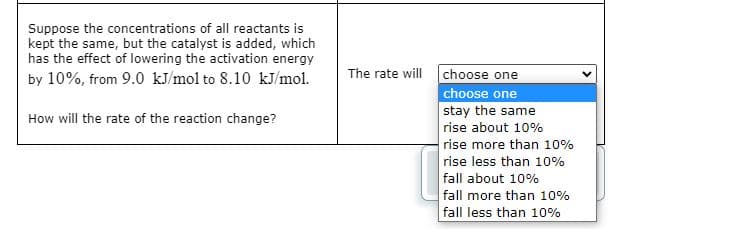 Suppose the concentrations of all reactants is
kept the same, but the catalyst is added, which
has the effect of lowering the activation energy
by 10%, from 9.0 kJ/mol to 8.10 kJ/mol.
How will the rate of the reaction change?
The rate will
choose one
choose one
stay the same
rise about 10%
rise more than 10%
rise less than 10%
fall about 10%
fall more than 10%
fall less than 10%